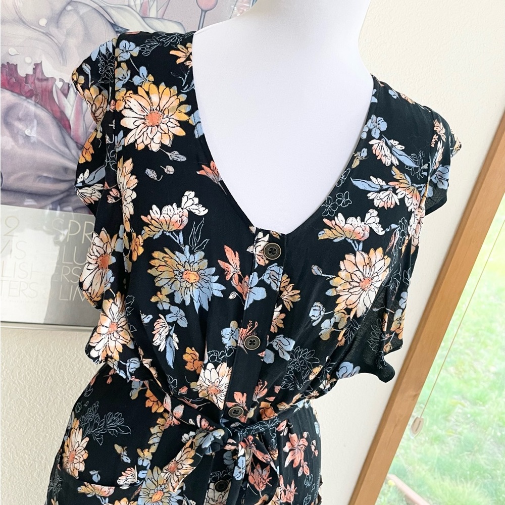 Xhilaration Retro 70s Flutter Ruffled Belted Floral Midi Dress S Pockets Navy - Picture 4 of 7